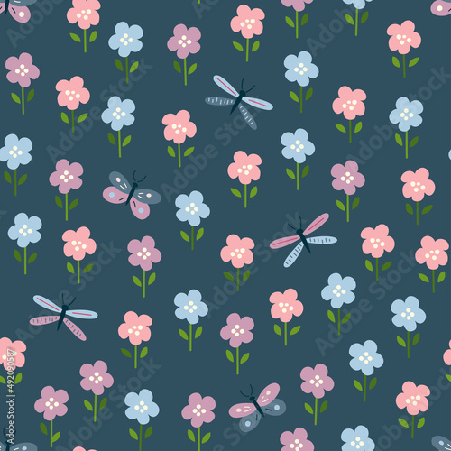 Seamless pattern with cute flowers and dragonflies on a dark background