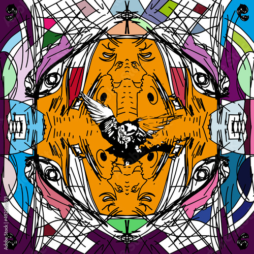 Avant-garde art. Dreams, psychoanalysis. Owl. Symbolism, the all-seeing eye. Cubism. Contemporary trendy vector illustration