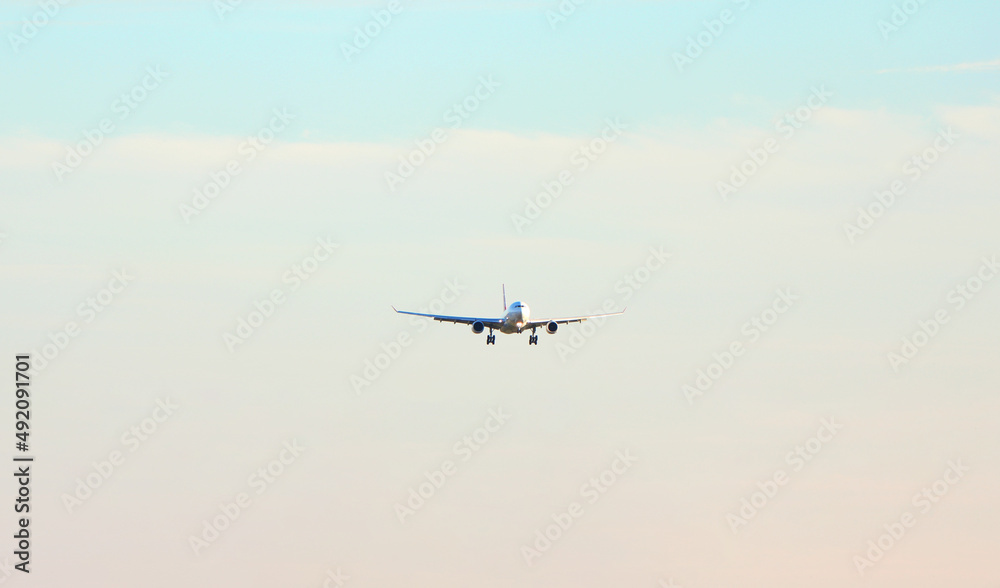 Passenger plane over the forest in the blue sky, the sun is shining. Transport, travel. High quality photo