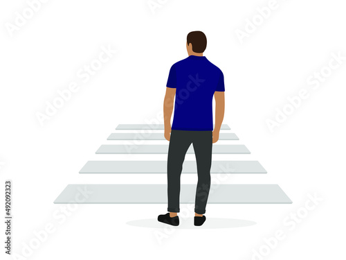 Male character stands in front of a pedestrian crossing on a white background