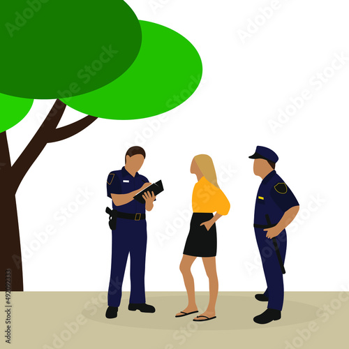 Two uniformed police officers and a female character outdoors