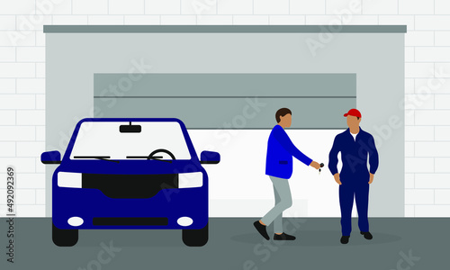 Fototapeta Naklejka Na Ścianę i Meble -  The driver gives the keys to the car to a male character in a work uniform on the background of a garage
