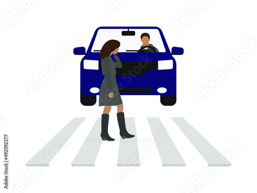 A female character talking on the phone walks on a crosswalk in front of a car with a driver