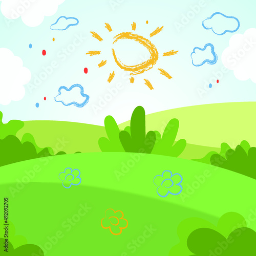 Vineyard seamless landscape on blue sky background. Hand drawn vector illustration.