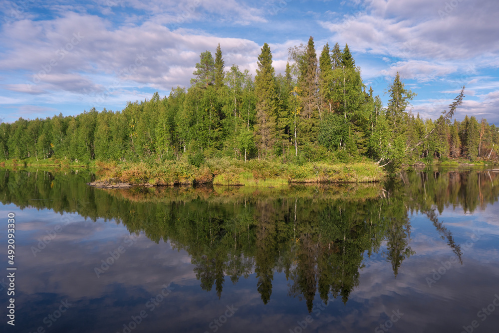Reflection of trees in the water of Tumcha river on sunny summer day. Murmansk Oblast, Russia.