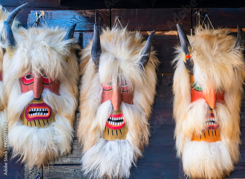 Traditional romanian hand made masks souvenirs at the weekly market in Bran Castle, Romania