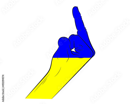 The hand shows the 
with the coloring of the Ukrainian flag. Vector illustration. photo