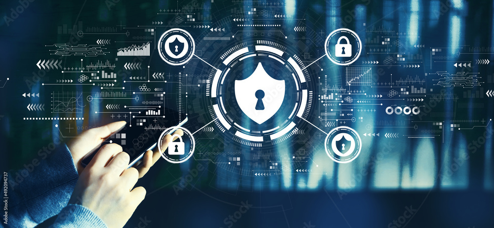 Cyber security theme with person using a smartphone Cyber security theme with person using a smartphone