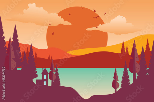 Simple retro sunset landscape