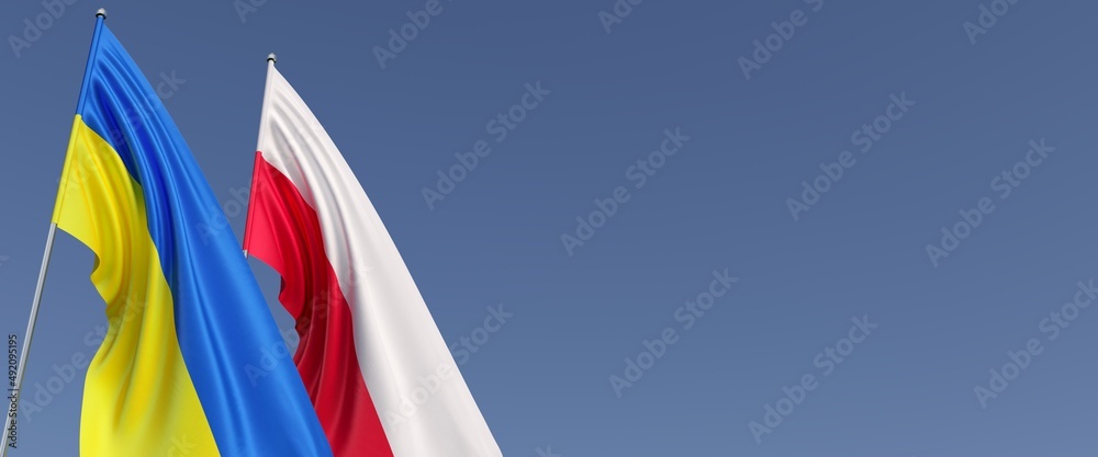 Flags of Poland and Ukraine on flagpoles on side. Flags on blue background.  Place for text. Independent free Ukraine. Polish flag. Warsaw.  Commonwealth. 3D illustration. Stock Illustration | Adobe Stock