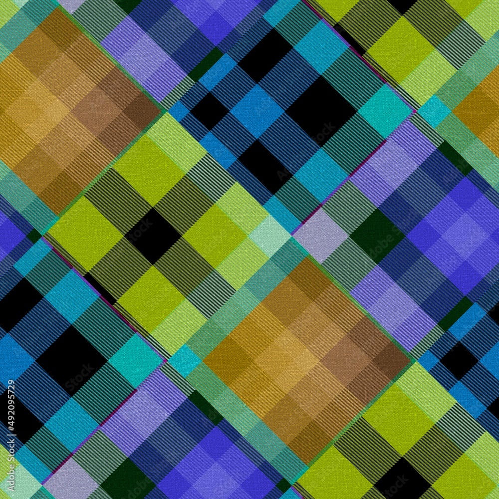 Diagonal madras patchwork plaid cotton pattern. Seamless quilting fabric effect linen check background.  - obrazy, fototapety, plakaty 