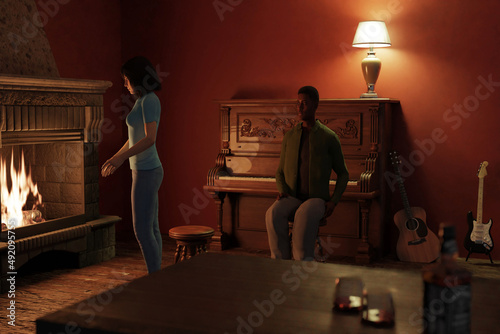 3d computer rendered illustration of two musicians taking a break from practicing