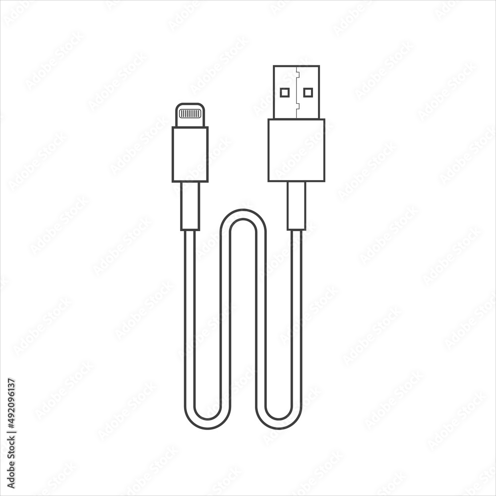 USB cable connector cord isolated on white background in flat style. USB cable connector cord isolated on white background in flat style.