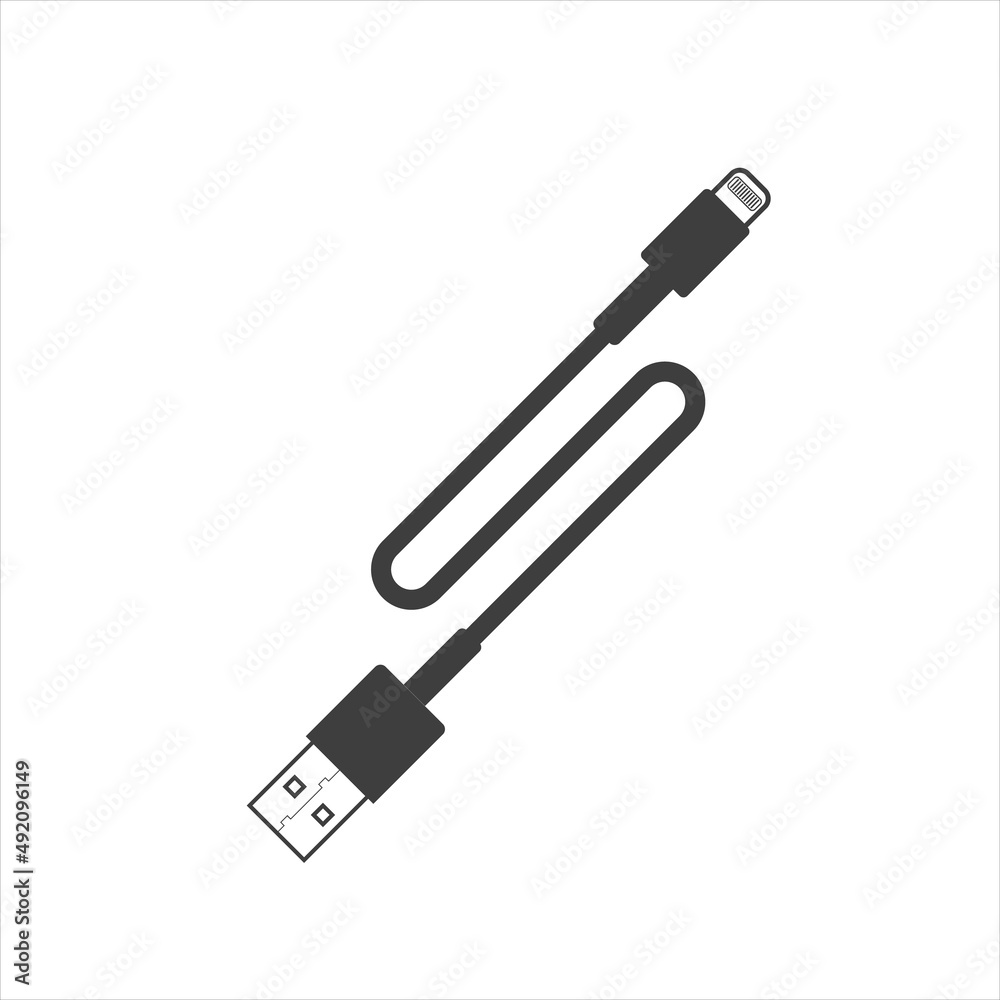 USB cable connector cord isolated on white background in flat style. USB cable connector cord isolated on white background in flat style.