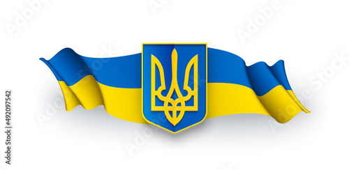 flag and coat of arms of Ukraine. Realistic 3d Ukrainian illustration with the flag of Ukraine isolated on a white background. Pray and Support for Ukraine banner.