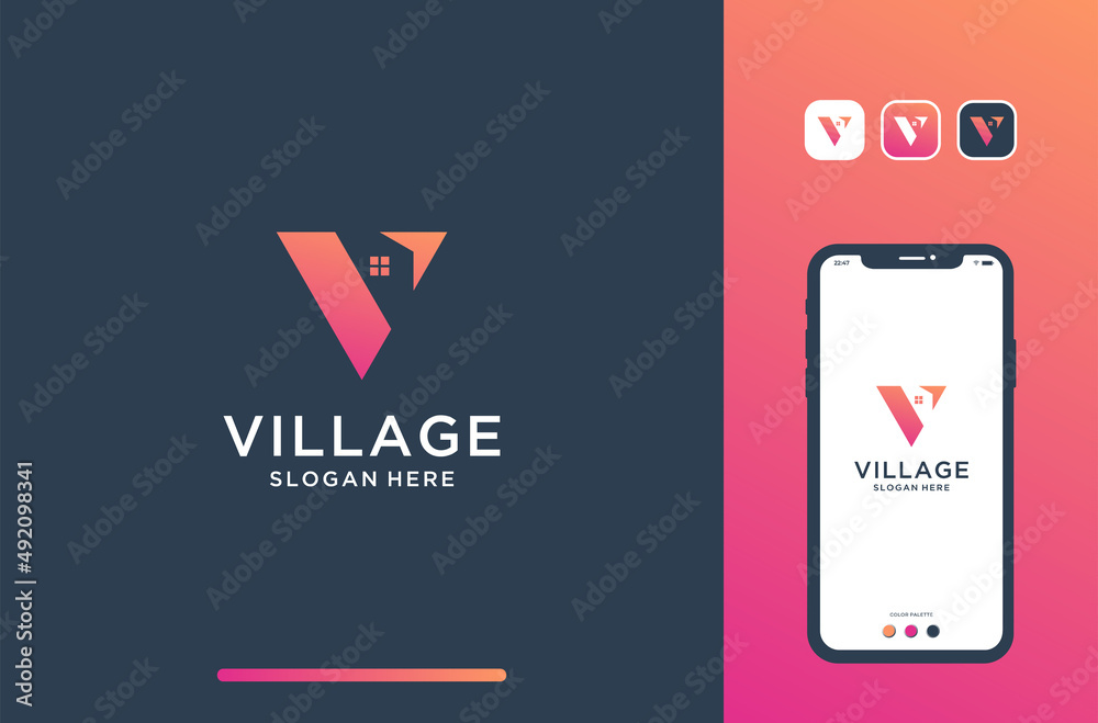 v logo design with negative house space and arrow. v logo design with negative house space and arrow.