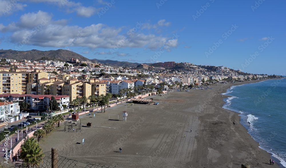 High angle view of Rincon de la Victoria beach and seaside town in the Mediterranean coast of Malaga, Spain.