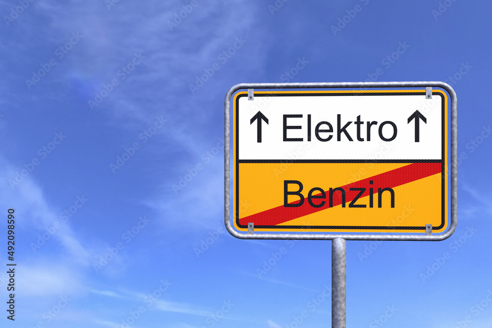 3d Illustation - Ortsschild - Ortstafel - Benzin - Elektro - Himmel - Wolken 3d Illustation - Ortsschild - Ortstafel - Benzin - Elektro - Himmel - Wolken
