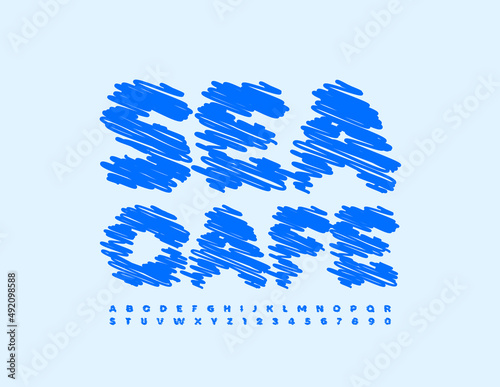Vector artistic banner Sea Cafe. Blue sketched Font. Drawn Alphabet Letters and Numbers set
