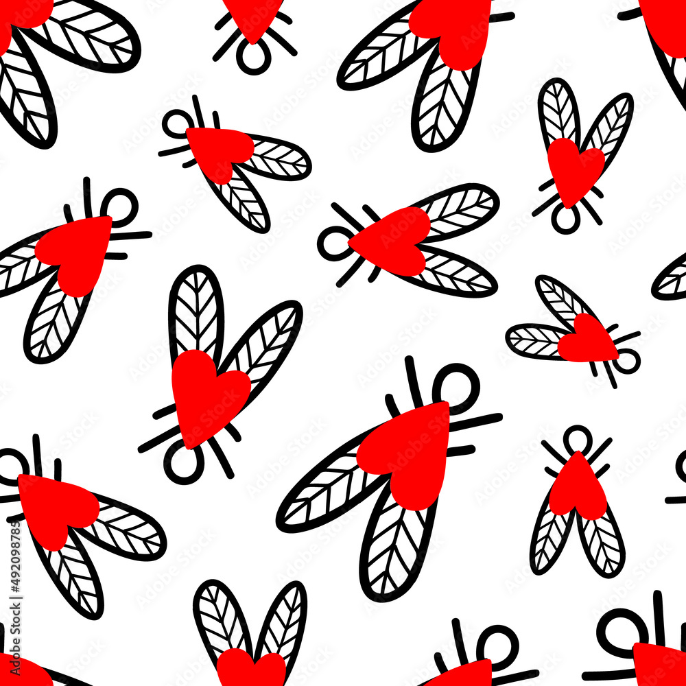 Seamless background with heart-shaped flies. Vector illustration Seamless background with heart-shaped flies. Vector illustration