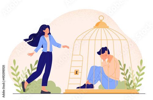 Female care concept. Psychological problems and support of friends. Woman goes to open cage in which sad guy sitting. Uncertainty, depression and indecision. Cartoon flat vector illustration