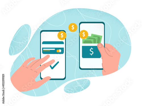 Mobile payment transfer. Modern technologies and digital world, funds transfer. Payment for purchases on Internet, online shopping. Smartphone banking application. Cartoon flat vector illustration