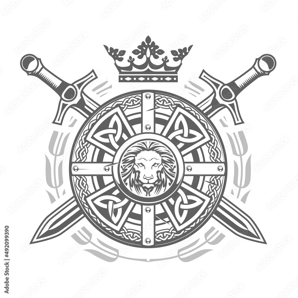 Ornate round shield with celtic pattern, crown and crossed swords, medieval knight emblem, royal coat of arms, vector
