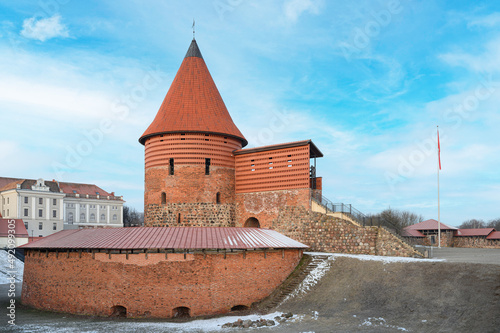 Kaunas Castle, European Capital of Culture 2022. Hashtag, one of the oldest brick castles in Lithuania. Luminous stand, kaunastic, amazing city in europe. Travel Lithuania photo