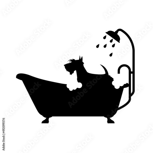 Dog taking shower in bathtub, dog grooming shop logo, pet take a bath emblem, vector