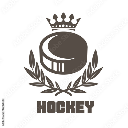 Ice hockey emblem with crown puck and laurel wreath, hockey logo, vector
