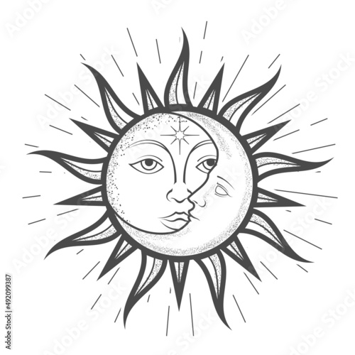 Crescent moon inside sun with a face, magical astrology and celestial alchemy, zodiac sign, tarot, device of the universe, esoteric symbol, vector