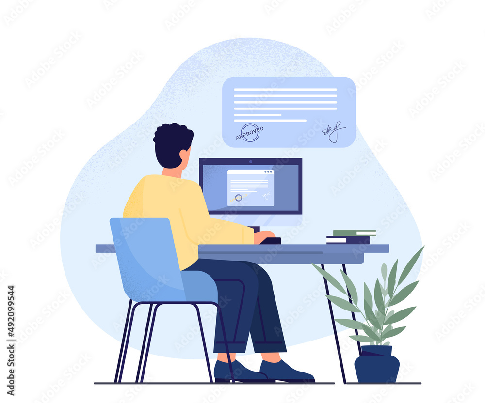 Online approved application. Young guy sitting at monitor, freelancer and remote employee. Character booked doctors appointment or event. Modern technologies. Cartoon flat vector illustration
