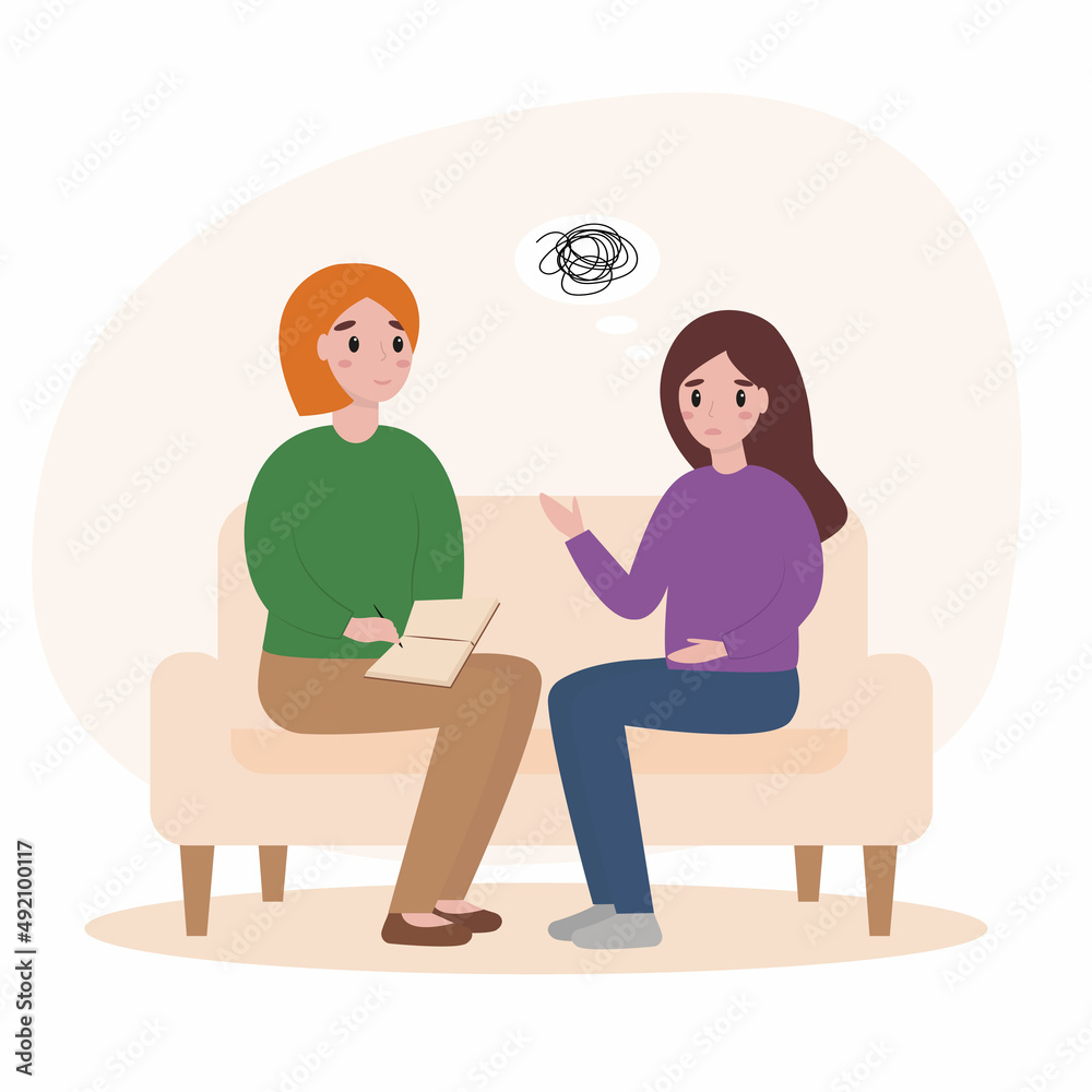 Cartoon illustration of psychotherapy practice therapy session. Treatment of stress, addictions and mental problems.Girl and psychologist on sofa