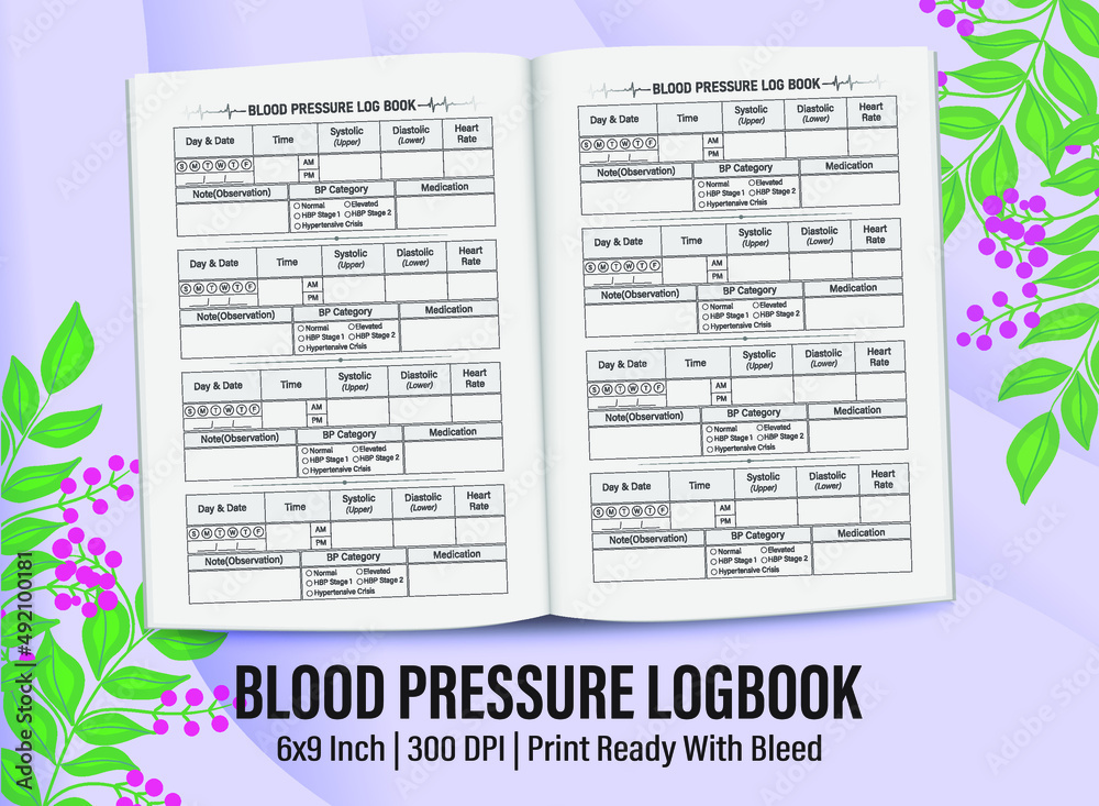 Naklejka premium Blood pressure Logbook for KDP interior. Blood Pressure Logbook template design for KDP Interior.