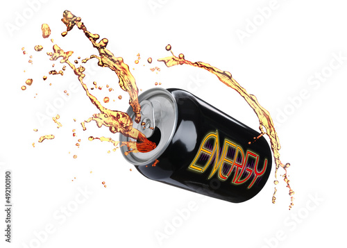 Can of energy drink with splashes on white background