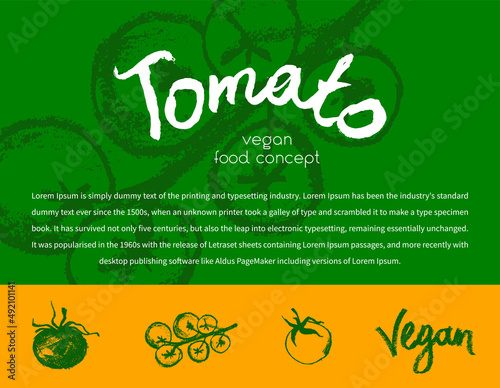 Tomatoes flyer. Tomato drawings for Italian food poster, spanish cooking ad card. Cooking courses vector vertical banner template. Hand-drawn illustration. Organic vegetables. Vegan restaurant menu.