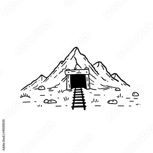 Mine in mountains. Entrance to old tunnel. Mining of gold and minerals. Outline cartoon illustration