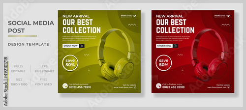 New arrival smart headphone banner for selling and promotional purpose. Smart  headphone or musical instrument poster design template