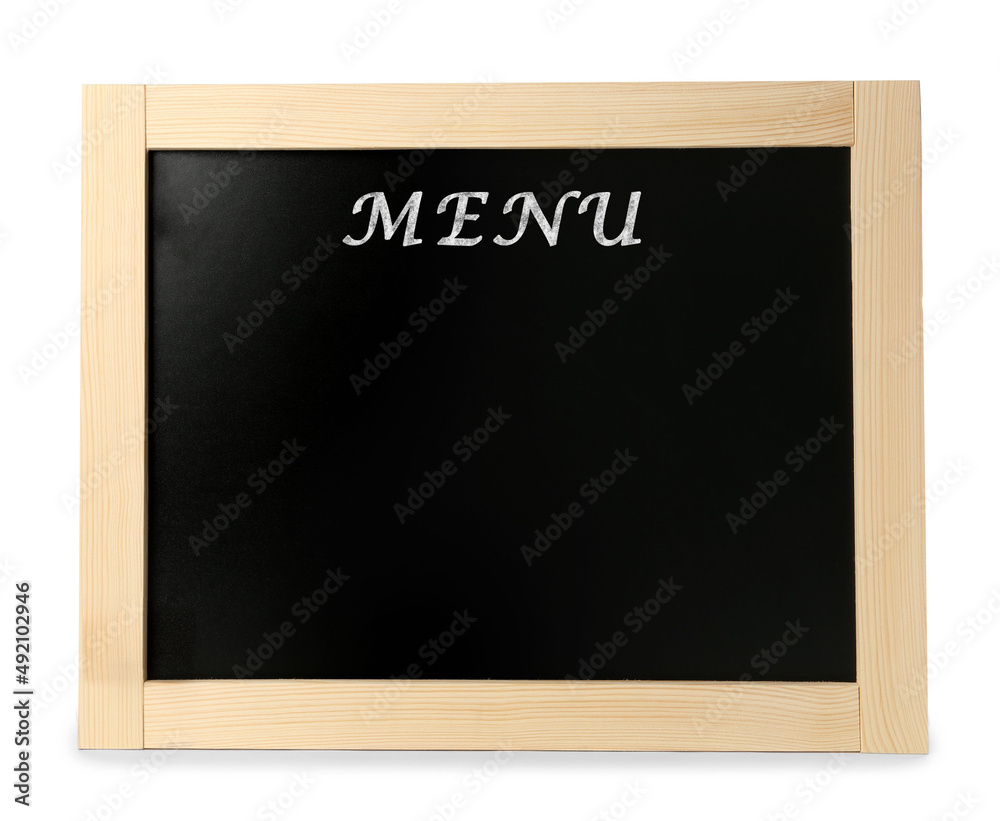 Black chalkboard with word Menu on white background. Mockup for design Black chalkboard with word Menu on white background. Mockup for design