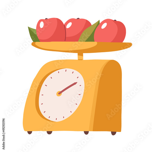 Kitchen scales are yellow. Red, ripe apples. Vector illustration in a flat cartoon style.