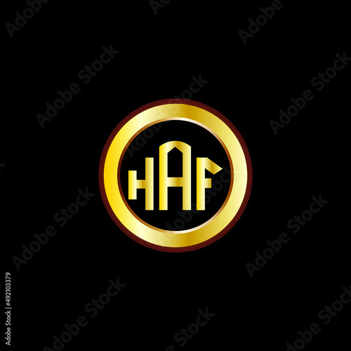 HAF letter circle logo design. HAF letter logo design with black background. HAF creative letter logo with gold colors.
