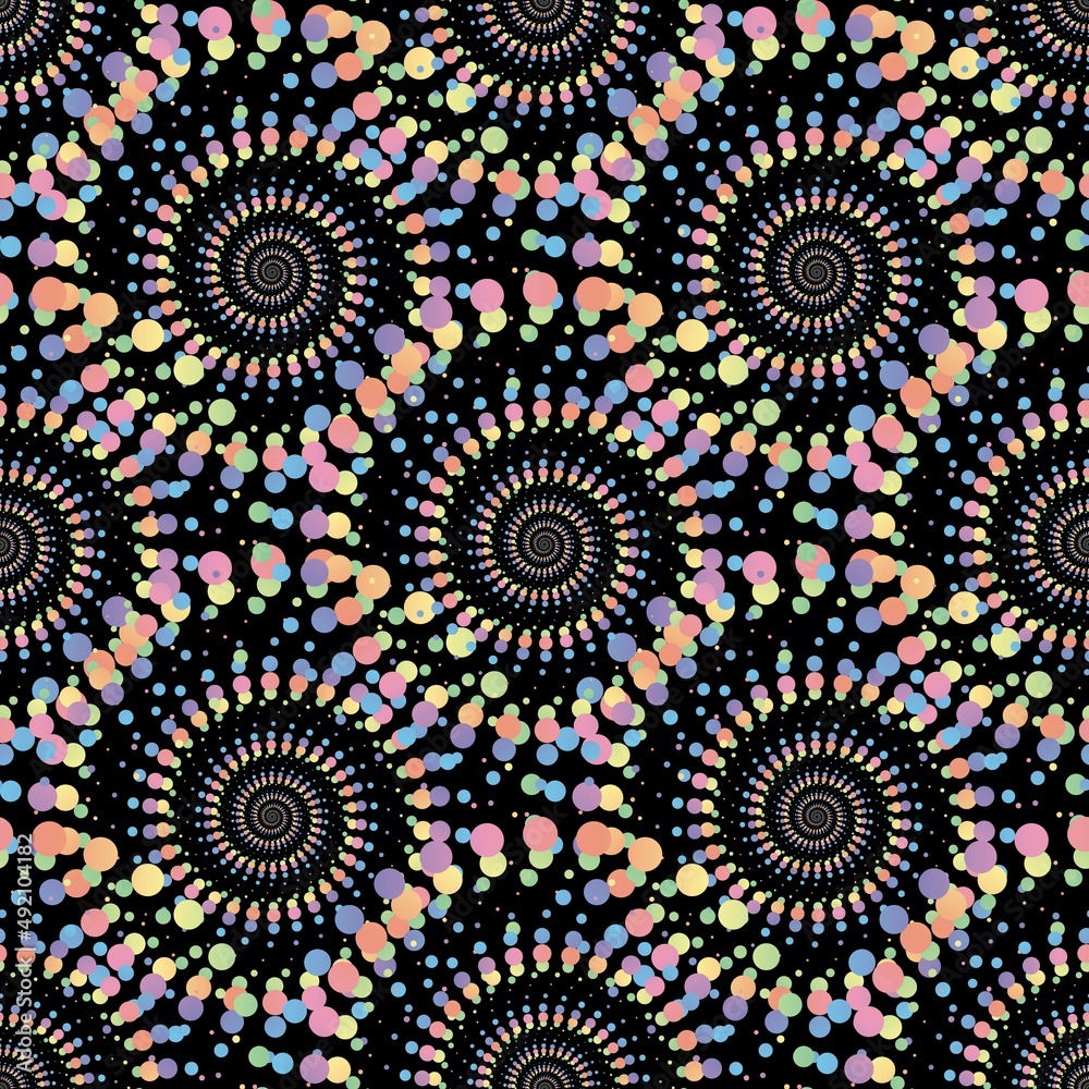 Rainbow pastel abstract mandala halftone seamless pattern on the black background. Vector illustration. Rainbow pastel abstract mandala halftone seamless pattern on the black background. Vector illustration.