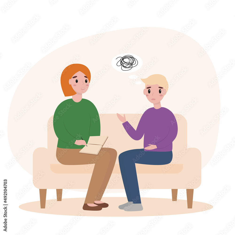 Cartoon illustration of psychotherapy practice therapy session. Treatment of stress, addictions and mental problems.Man and psychologist on sofa