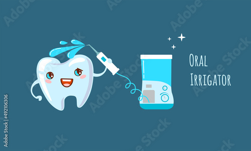 Vector illustration of a happy cartoon tooth with an irrigator.