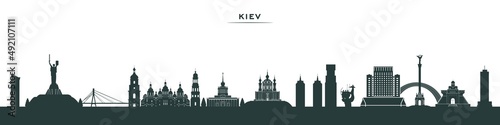 Kiev city skyline landmarks and monuments. Ukraine