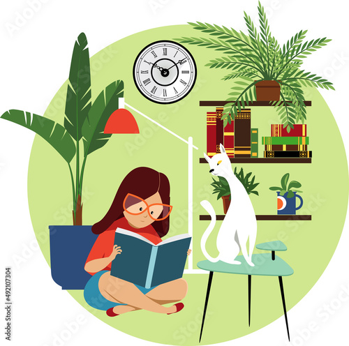 Cute little girl reading in a cozy room in a company of her cat, EPS 8 vector illustration