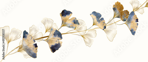 Art banner with golden and blue ginkgo leaves in art line style. Botanical background with watercolor textures for wallpaper, decor, packaging design, interior design