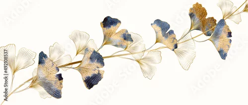 Obraz Art banner with golden and blue ginkgo leaves in art line style. Botanical background with watercolor textures for wallpaper, decor, packaging design, interior design