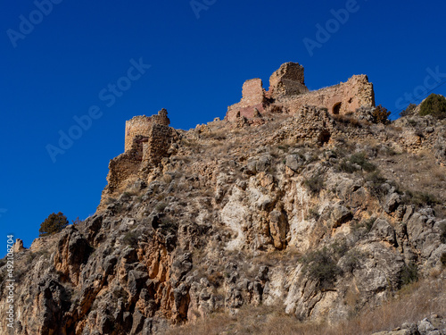 landscape of the medieval town of Albarracin in the province of Teruel in Aragon, Spain. Albarracín medieval town in Spain, stone houses, walls, churches and narrow alleys.