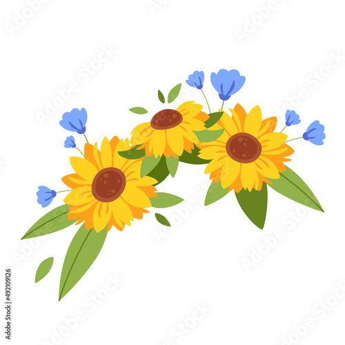 Sunflowers bouquet. Summer flowers, flowers wreath. Vector illustration